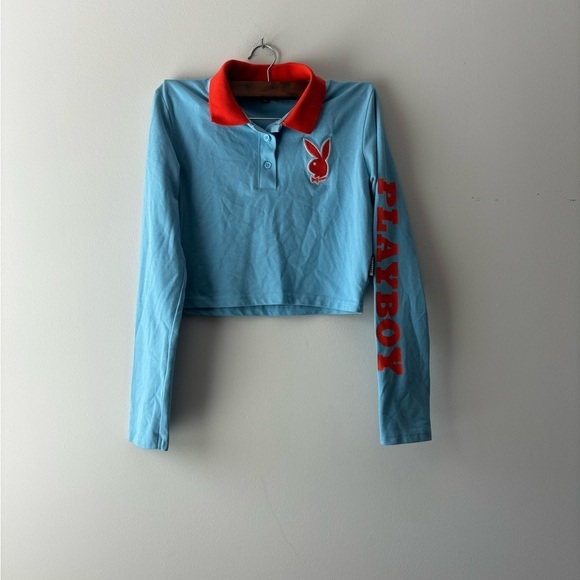 Missguided Playboy long sleeve crop top blue and orange‎ size S - Picture 1 of 6